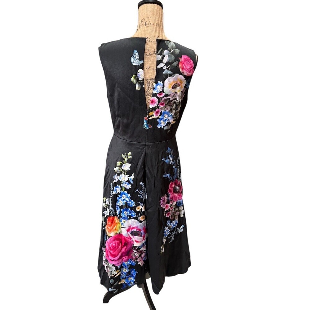 Oasis Dress Womens 12 Black Floral Butterfly Sleeveless Fit & Flare NWOT - Picture 6 of 12